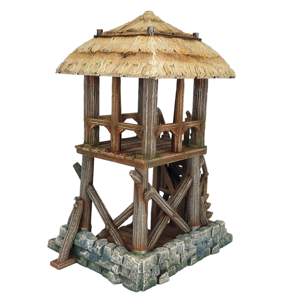 Wooden tower with thatched roof on a white background