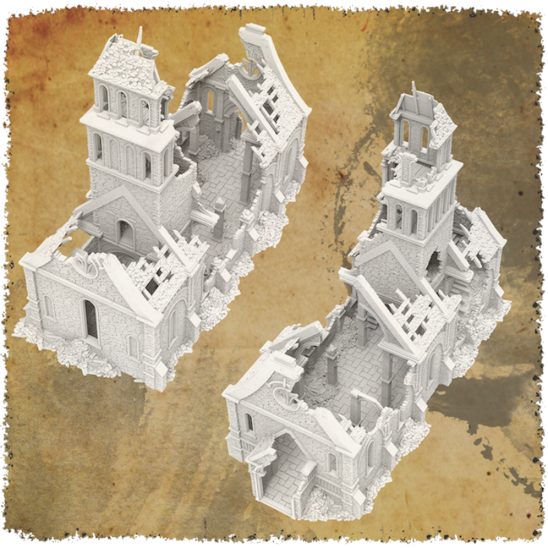 Two white architectural models of a tower on a textured brown background