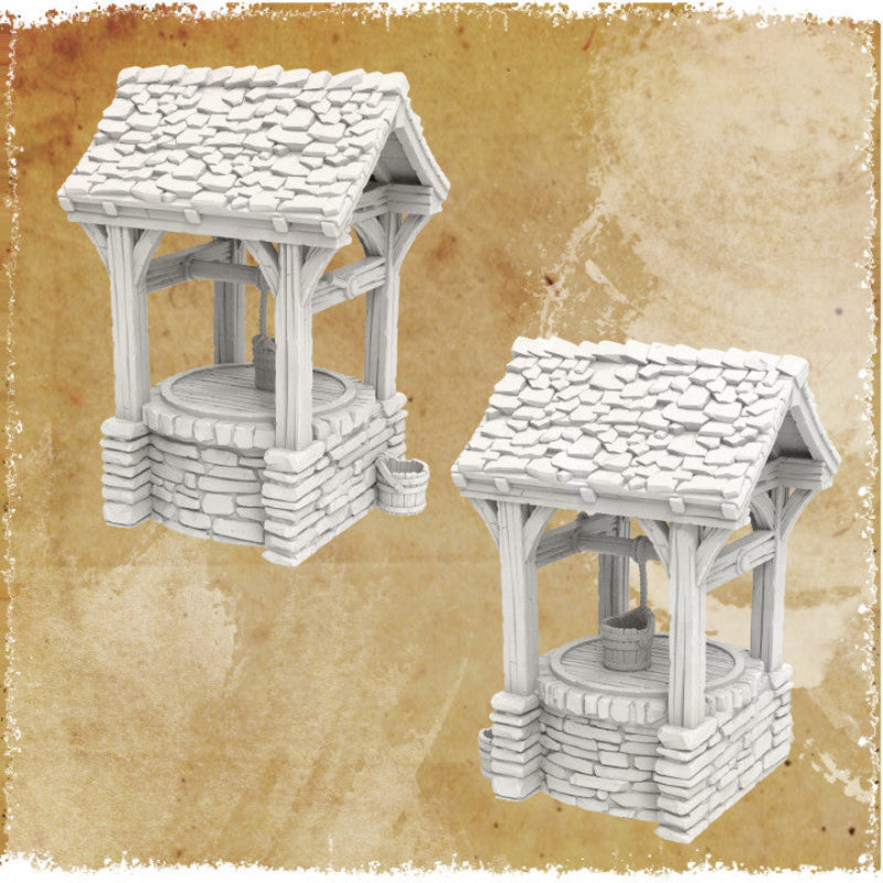 Two stone wells with roofs on a textured beige background