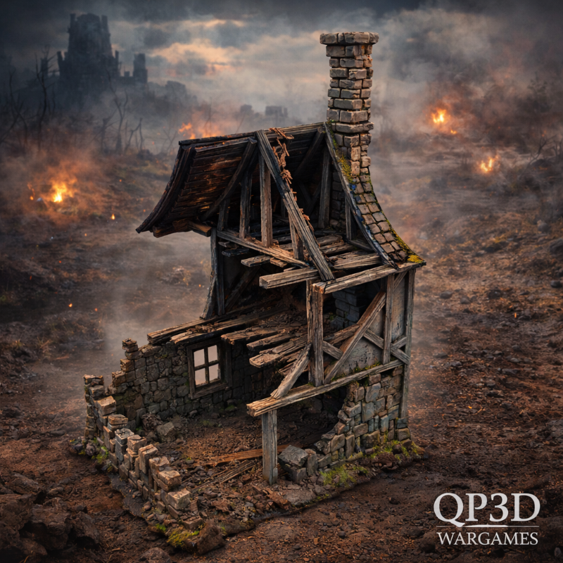 Miniature wargame setup with a dilapidated house in a war-torn landscape, featuring QP3D Wargames branding.