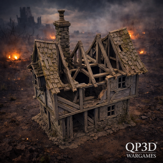 Model of a dilapidated house with QP3D Wargames branding in a post-apocalyptic setting.