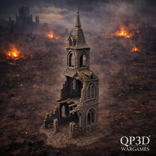 Ruin of a gothic-style tower in a post-apocalyptic landscape with QP3D Wargames branding.