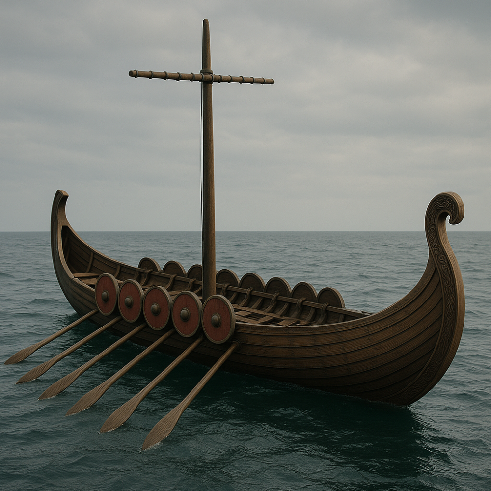 Viking ship with multiple oars on a body of water under a cloudy sky