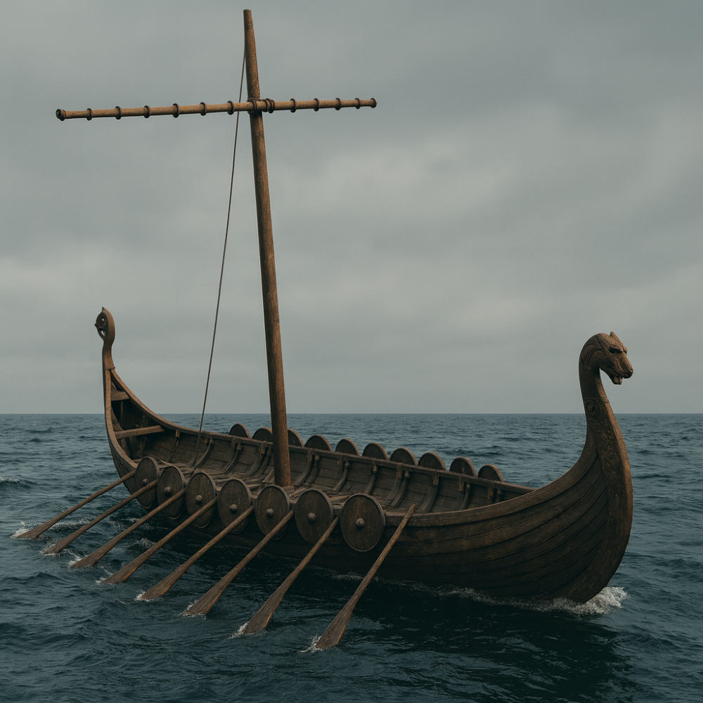 Viking ship with dragon heads on the bow and stern, sailing on dark blue ocean water under a cloudy sky.