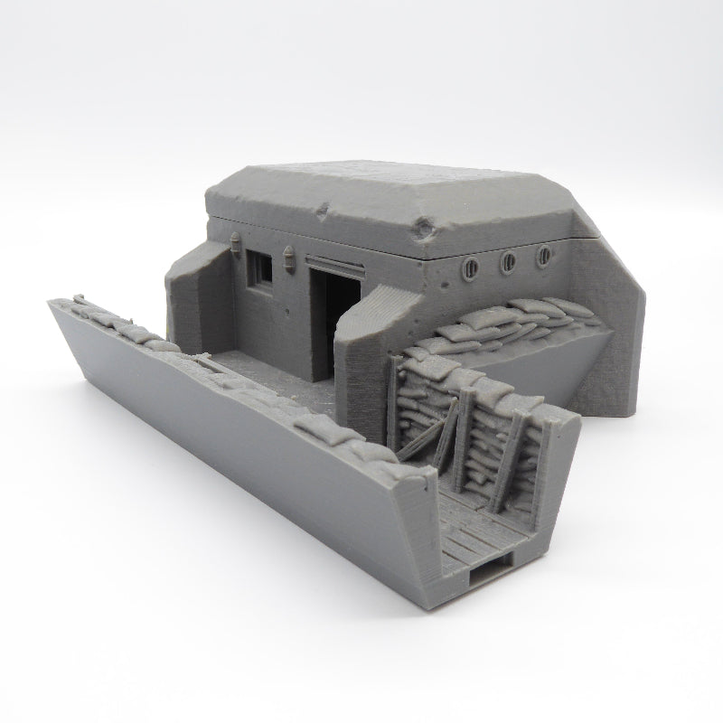 Close-up of detailed wargaming bunker terrain, OpenLOCK connection visible