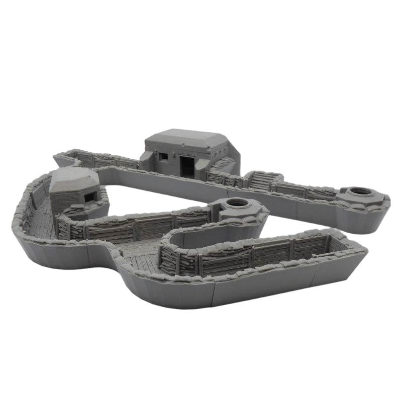 Top-down view of modular wargaming trenches, preassembled for tabletop battles