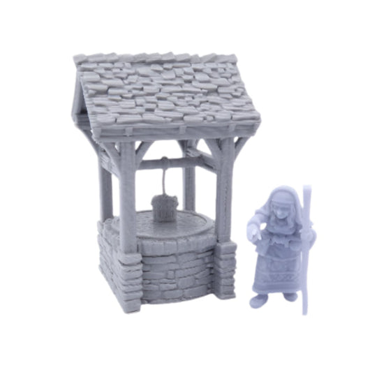 Gray 3D-printed model of a well and a figure with a staff on a white background