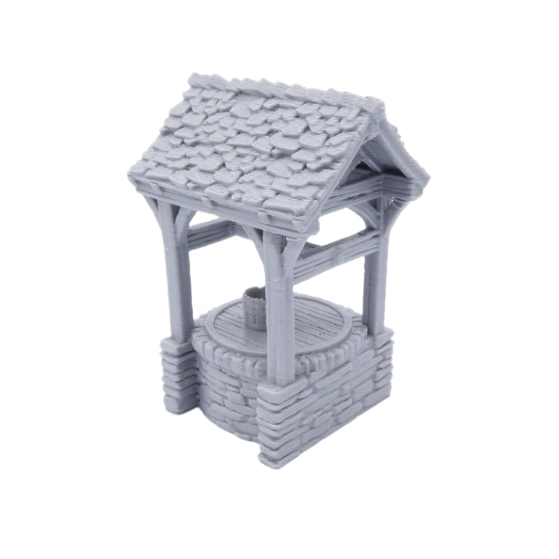 Gray well with a stone roof on a white background