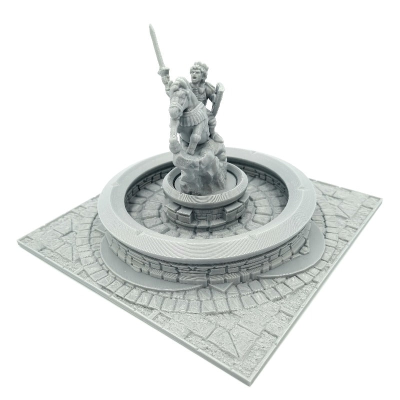 Square Fountain with Knight Statue Front View