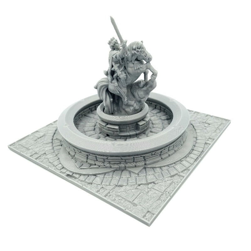 Square Fountain with Knight Statue Side View