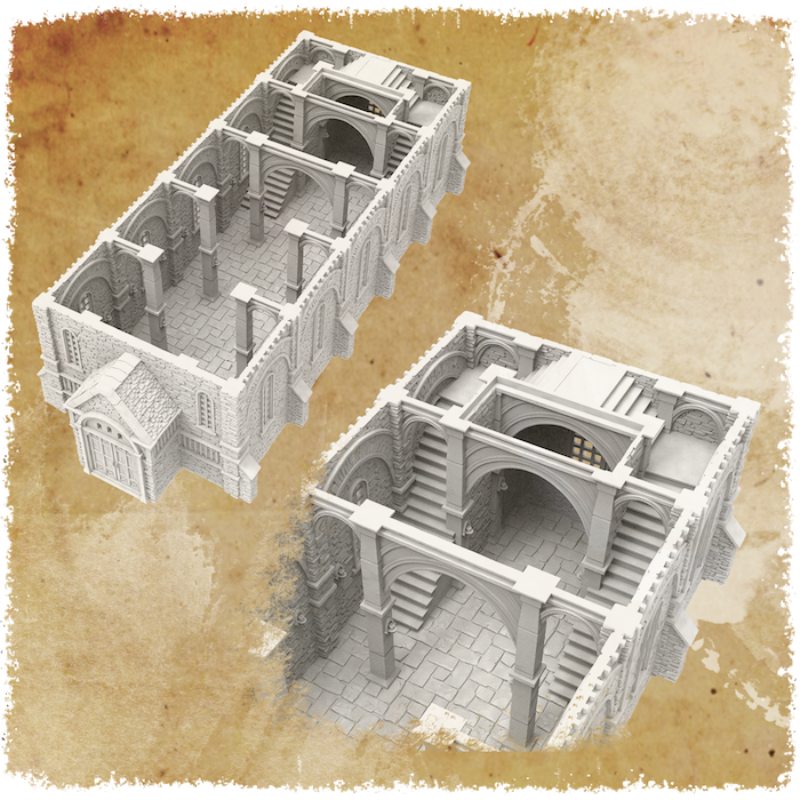 3D architectural model of a building on a textured beige background