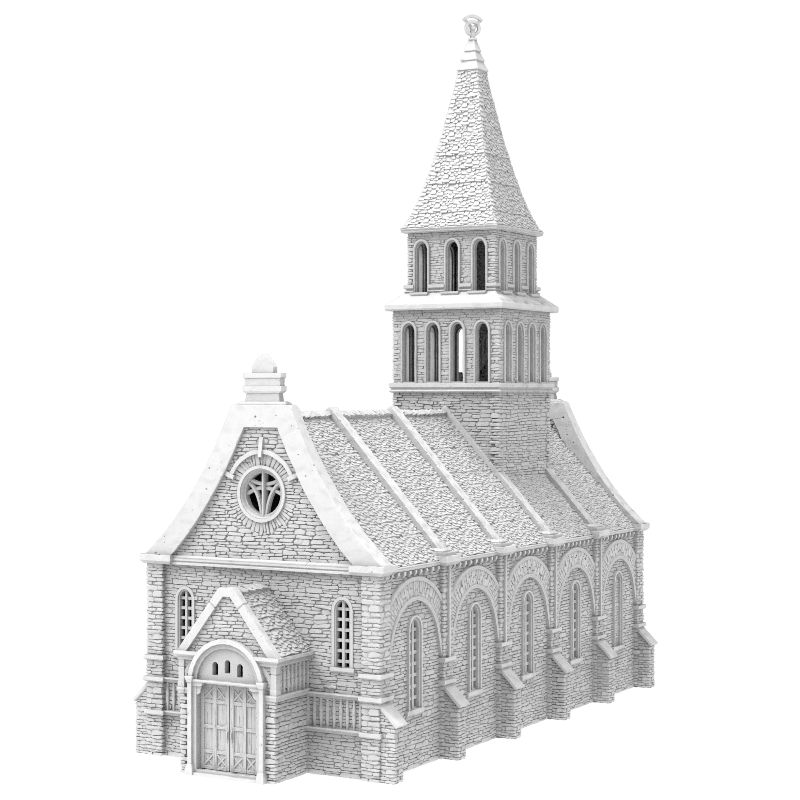 Grey architectural model of a church with a tall tower on a white background