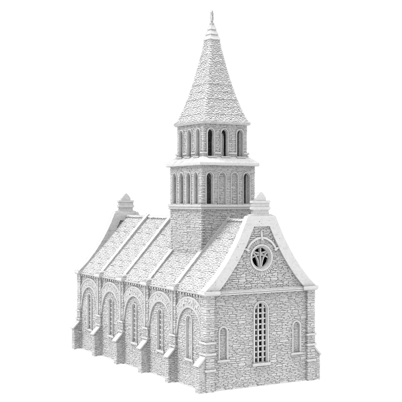Black and white architectural model of a church with a tall steeple on a white background