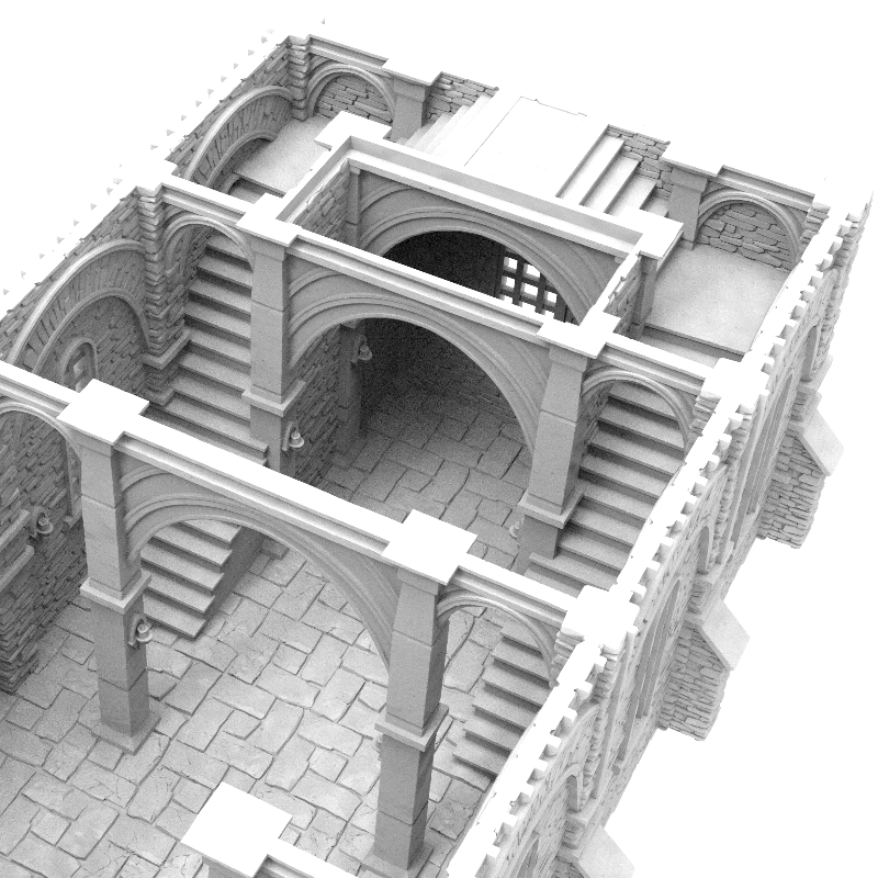 3D model of a architectural structure with multiple levels and arches.