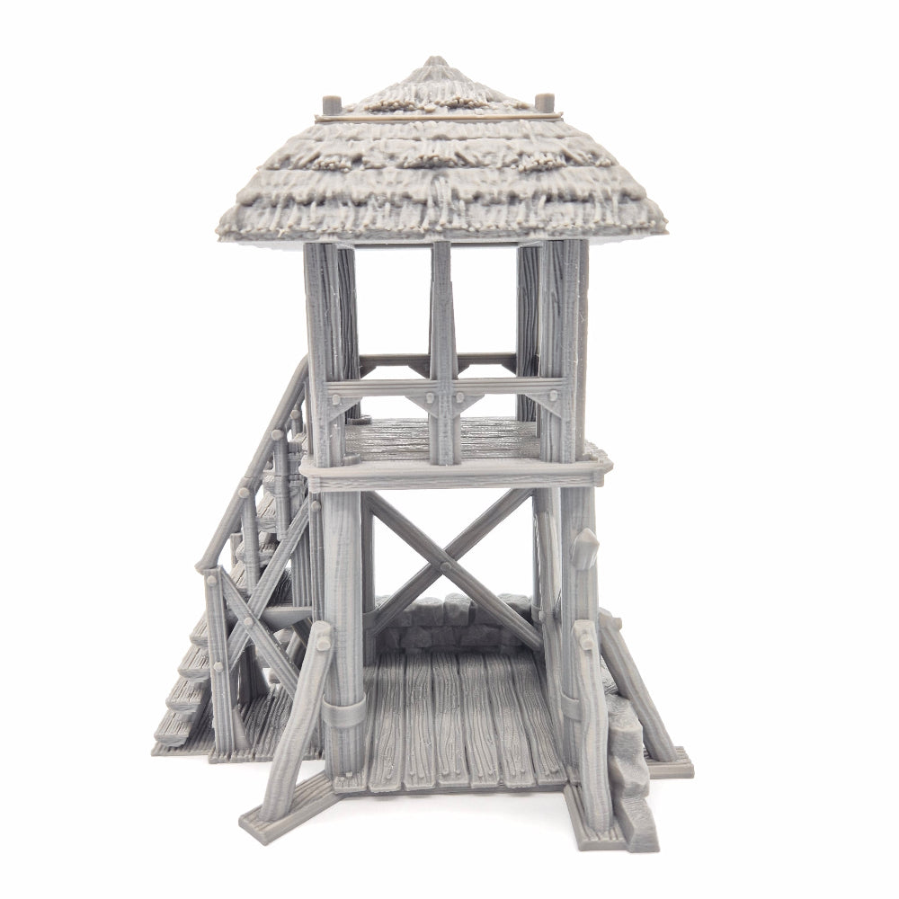 3D-printed miniature model of a wooden tower on a white background
