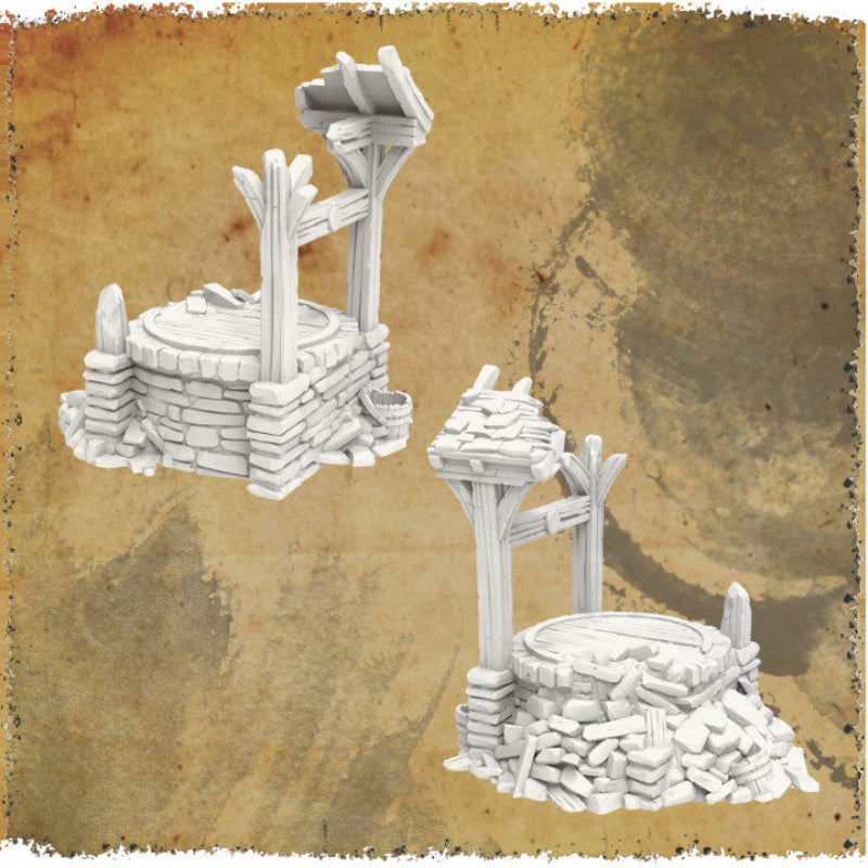 Two grey stone structures on a textured brown background