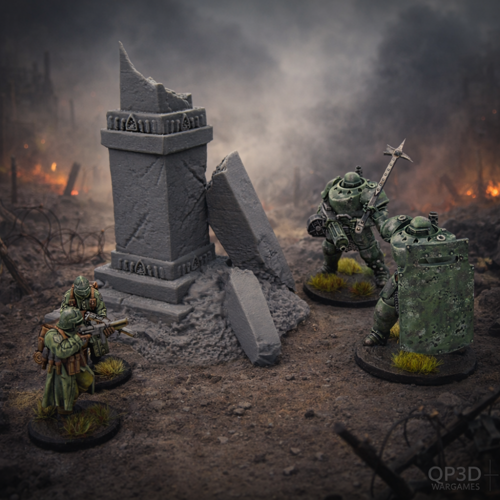 Warhammer figurines in a post-apocalyptic setting with a broken monument and smoke in the background.