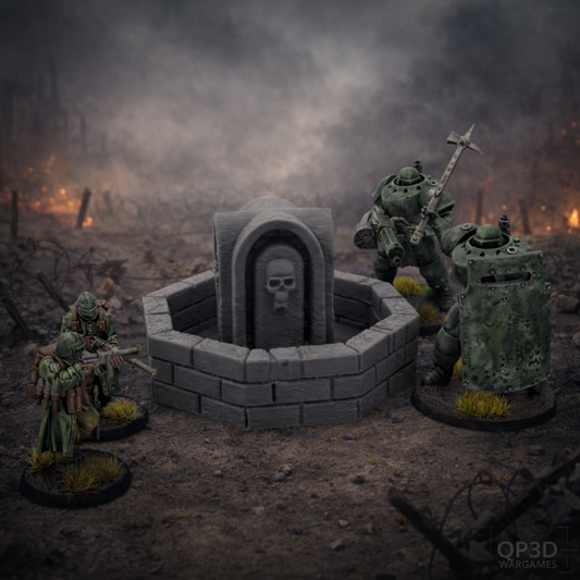 Miniature figures in a war-torn landscape with a stone archway featuring a skull.