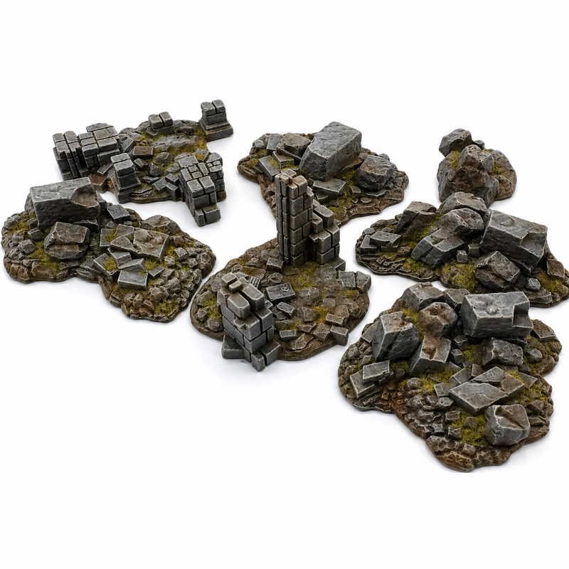 Scatter Ruin Set – Modular Rubble & Rocky Cover Terrain (7 Pieces) for Tabletop Wargaming 28-32mm Scale