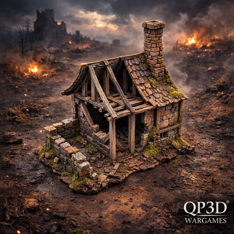 Miniature stone house in a post-apocalyptic landscape with QP3D Wargames branding.