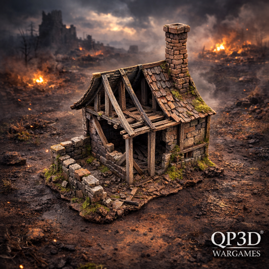 Miniature stone house in a post-apocalyptic landscape with QP3D Wargames branding.