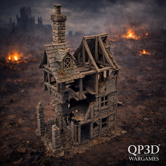 Detailed miniature model of a dilapidated house in a post-apocalyptic setting with QP3D Wargames branding.