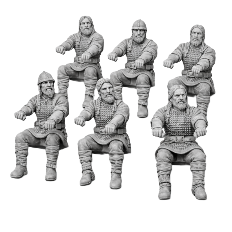Set of six gray resin figurines of bearded men in medieval attire on a white background
