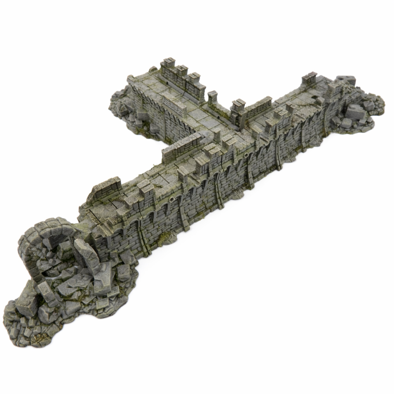 Model of a long, narrow stone structure on a white background