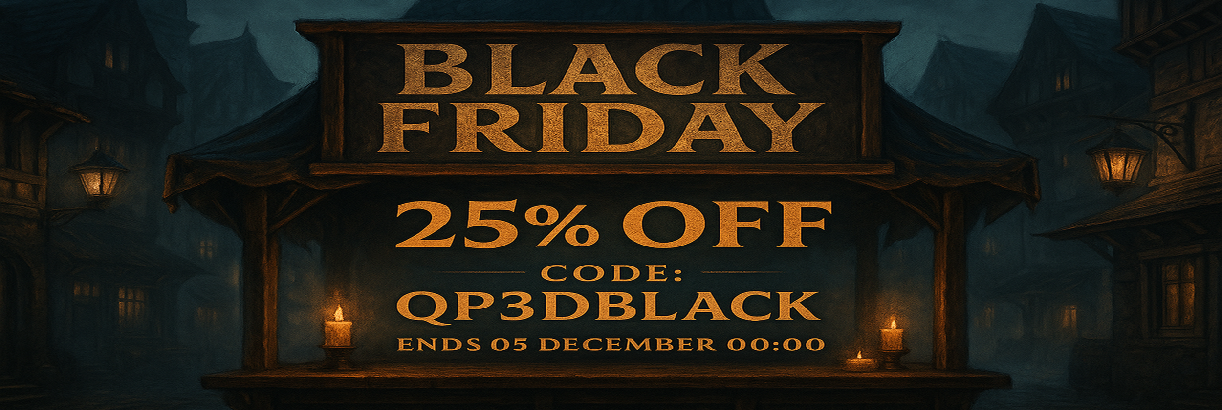 Black Friday sale sign with 25% off offer and code on a dark background