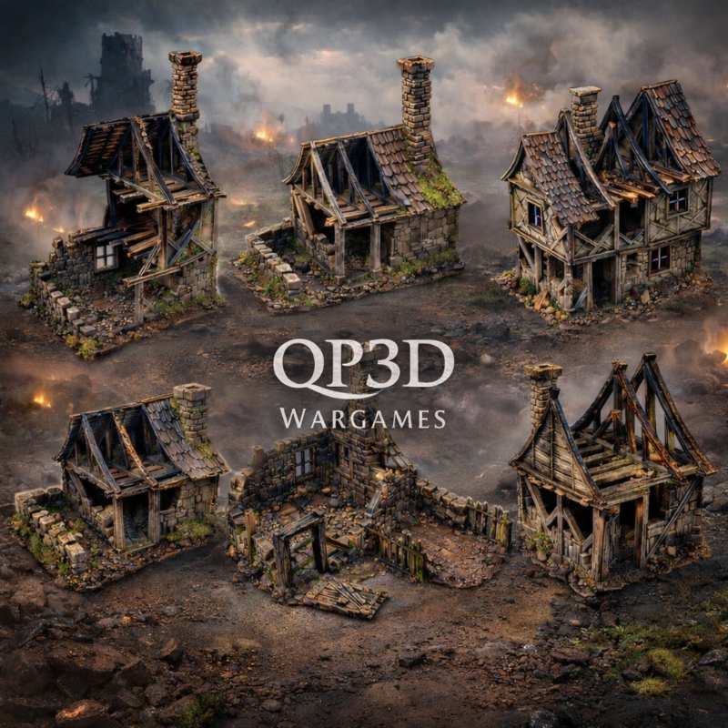 Model buildings in a war-torn landscape with QP3D Wargames logo.