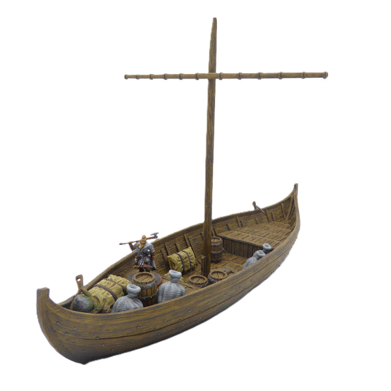 Model of a Viking longship with figures on a white background