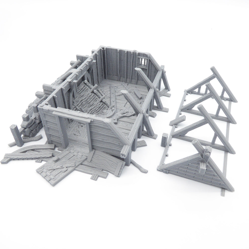 Gray wooden model of a fort or castle on a white background