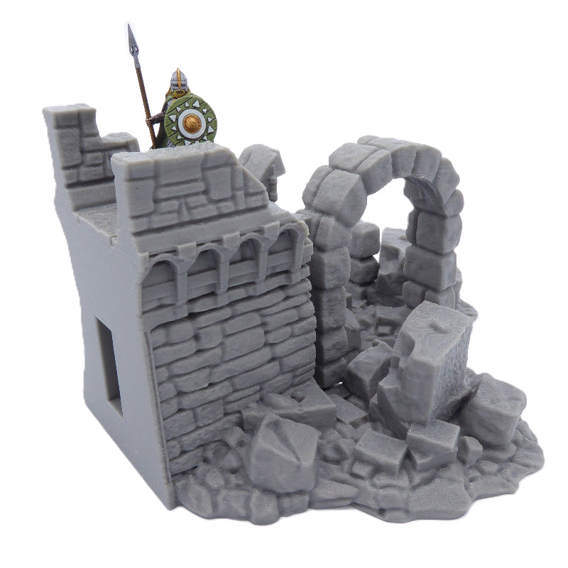 Modular Ruined Castle Wall Section F End - Medieval Wargaming Terrain Scenery
