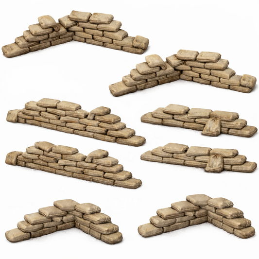 Set of 8 Sandbags – 28mm Tabletop Terrain | Defensive Battlefield Scatter